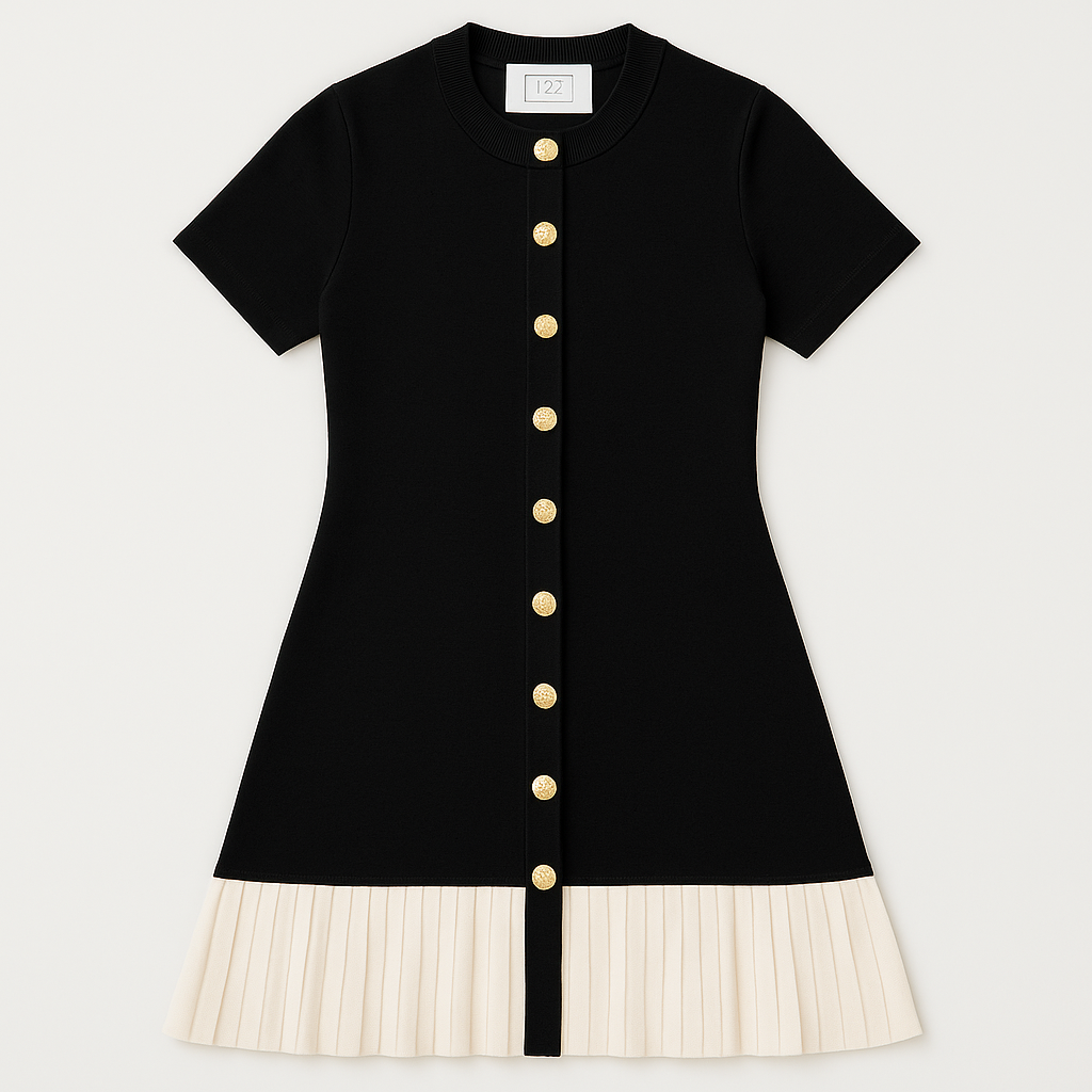 slim fit dress slacks Black Button-Front Dress with Pleated Hem – Wear to Brunch — Curated Pieces