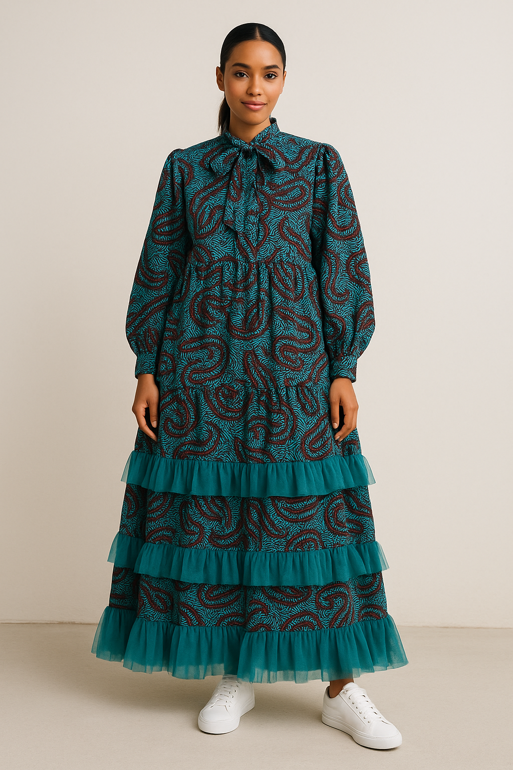 Teal & Burgundy Tiered Ruffle Dress with Belt – Wear to Brunch — Curated Pieces