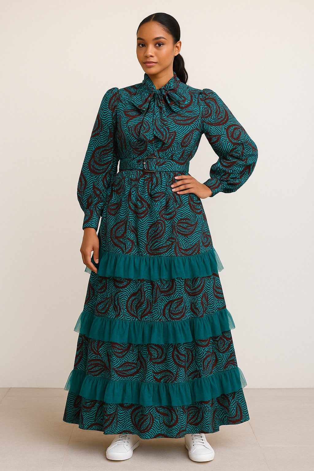 Teal & Burgundy Tiered Ruffle Dress with Belt – Wear to Brunch — Curated Pieces